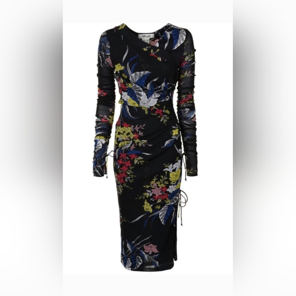Diane Von Furstenberg Camden LS Ruched  Floral Print Black Dress